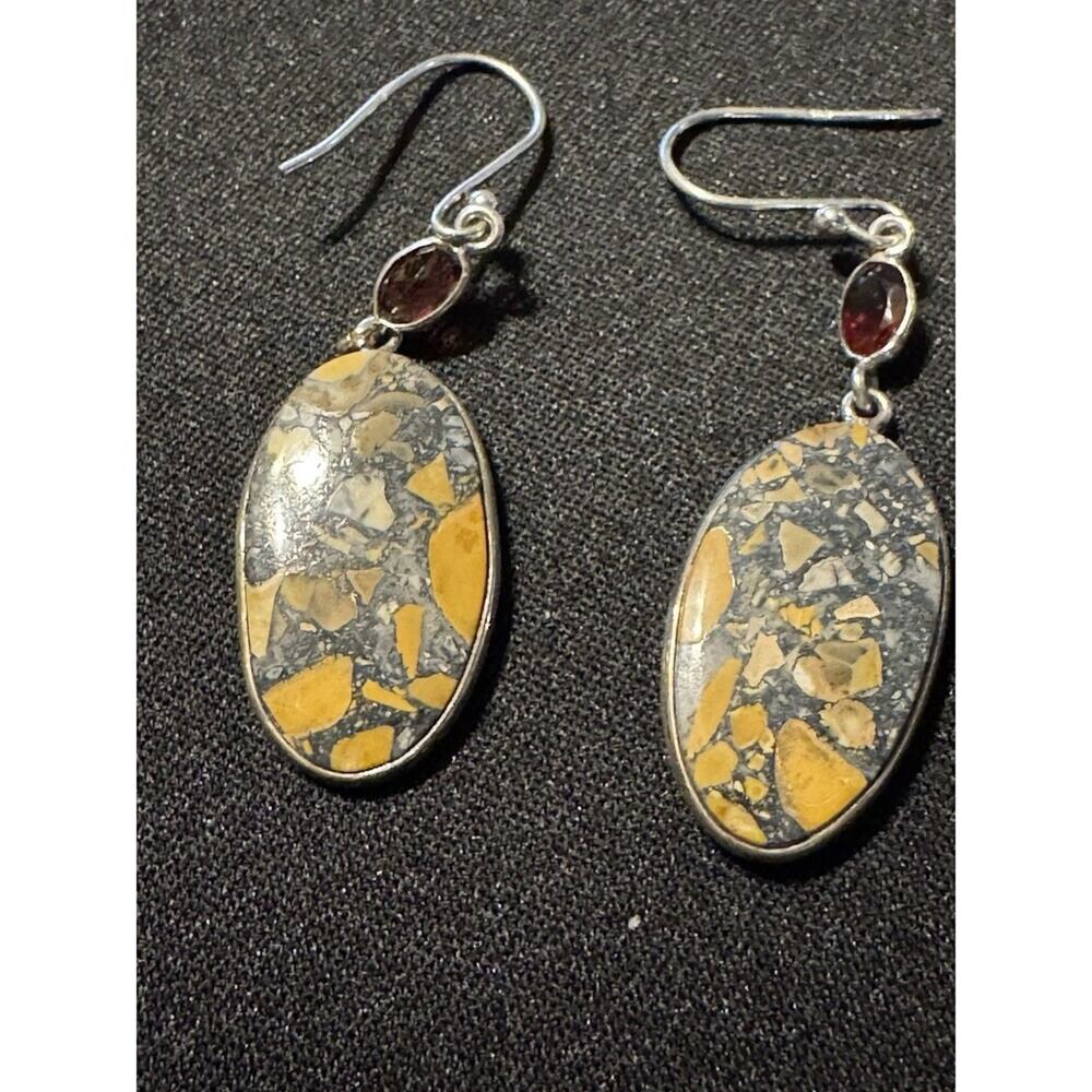Bumble Bee Jasper / Garnet Fish Hook Earrings 925 Silver